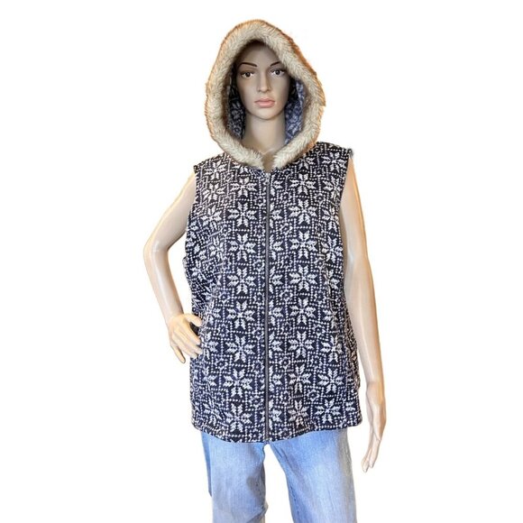 EUC TALBOTS NORDIC FAIR ISLE FAUX FUR HOODED VEST - WINTER ZIP-UP SLEEVELESS XXL - Picture 1 of 9